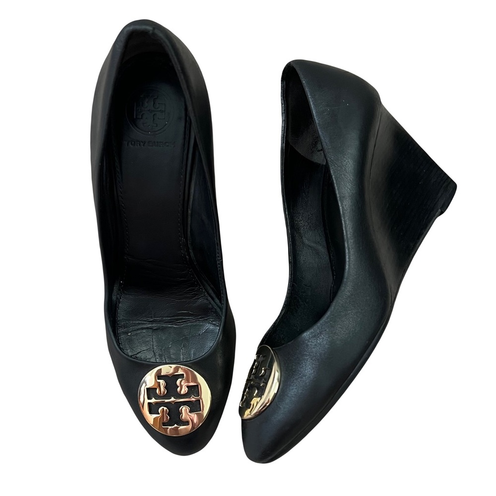 Tory Burch Nappa Leather 85MM Benton Wedge Heels Black Size 7